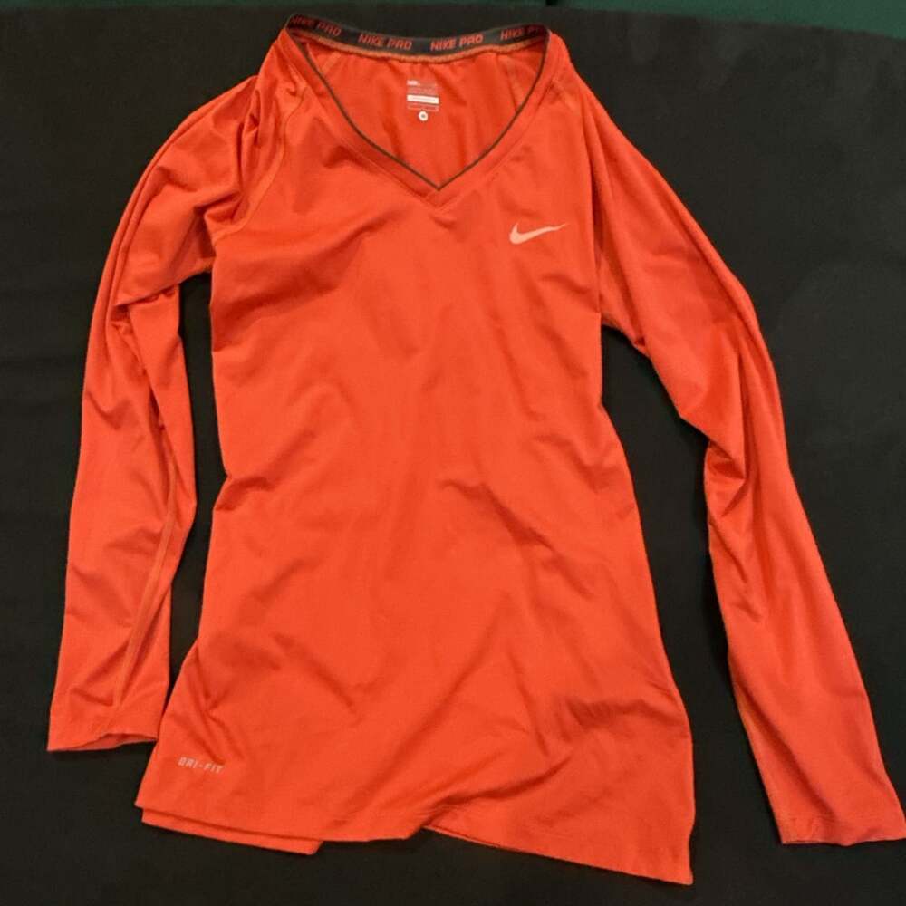 Nike Pro Long Sleeve V-Neck Size M Orange Dri-Fit Athletic Shirt